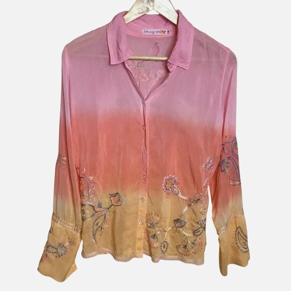 JOHNNY WAS Ombre Embroidered Blouse S/M Boho Luxe Artisanal Floral Festival Top - Picture 1 of 9